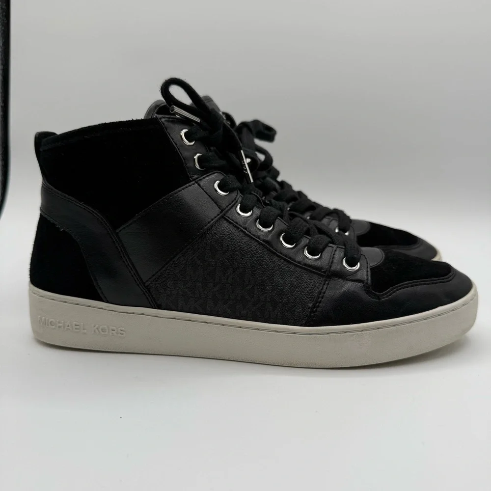 Michael Kors Black Paige High Top Leather/Suede Sneakers Size 10M - Picture 2 of 16